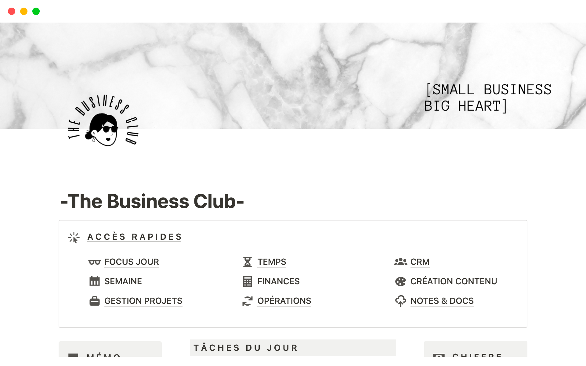 “The Business Club”, c’est un système d'organisation complet, intuitif & puissant pensé pour te permettre de gérer TOUS les aspects de ton business d’indépendant efficacement.