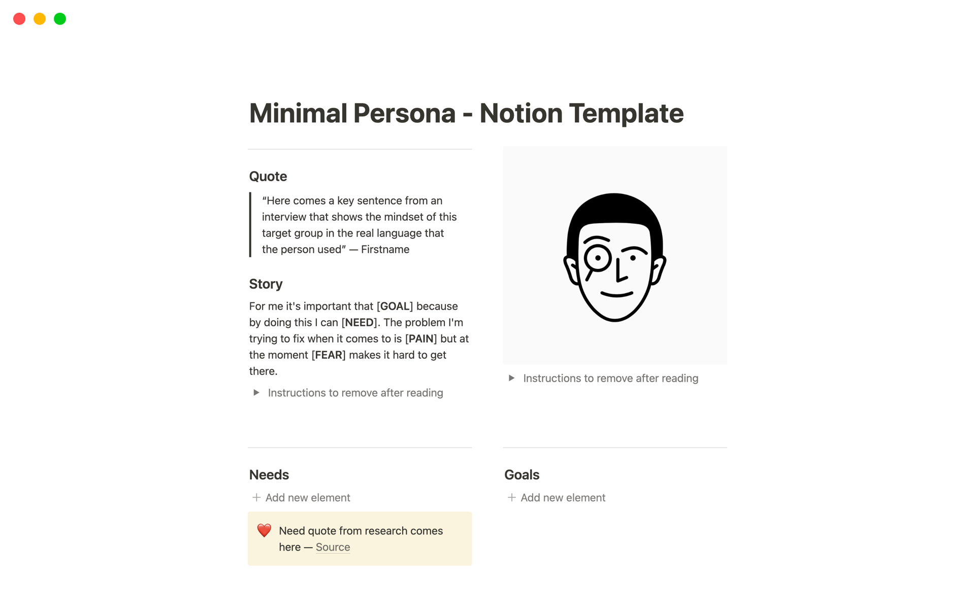 A minimalist template that helps you summarise your user research with a Persona directly within Notion.
