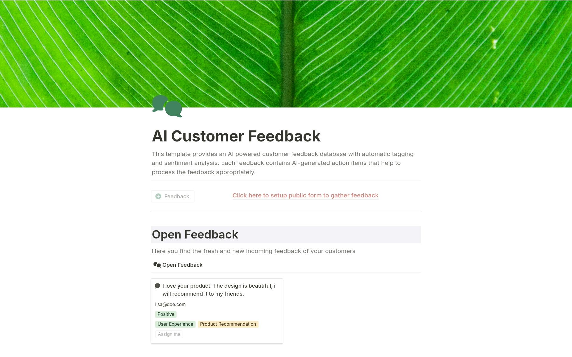 A template preview for AI Customer Feedback