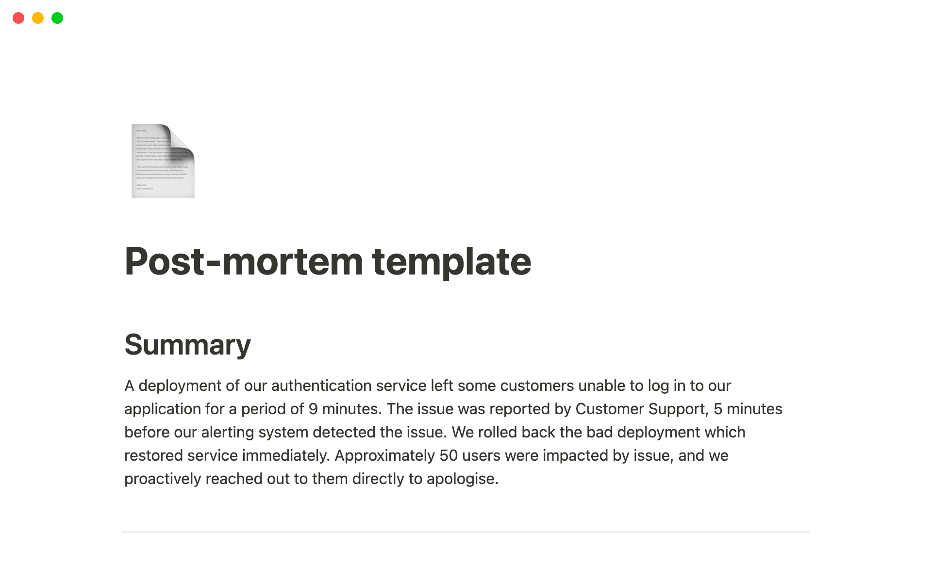 A template preview for Incident Post-mortem Template